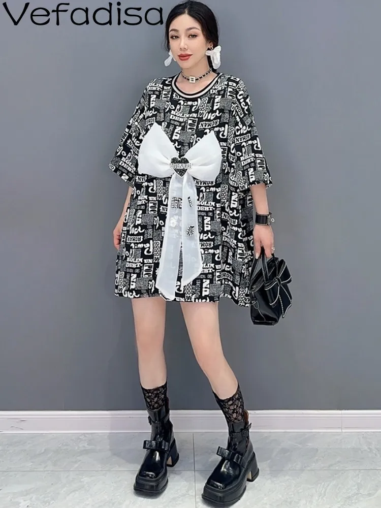 

Vefadisa 2023 Summer New Fashion Bow Splice Print Mid Length T-shirt Dress Women Short Sleeve Black Dress ZXF106B