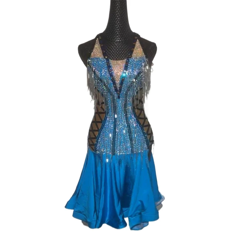 

Платье для латиноамериканских танцев, Высококачественная индивидуальная юбка без рукавов морского и синего цвета, танцевальная юбка, профессиональная одежда для сцены ча-Танго для взрослых