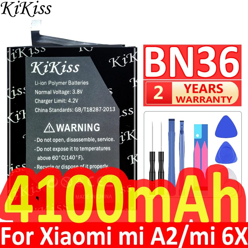 

KiKiss for Xiao Mi BN36 BN 36 4100mAh Battery For Xiaomi 6X A2 Mi6X MiA2 M6X MA2 High Quality Phone Replacement + Tools