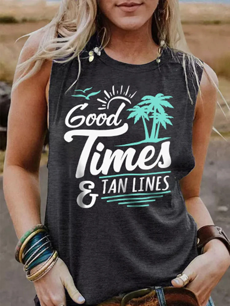 

Summer Beach Racerback Tank Tops for Women Good Times and Tan Lines Funny Letter Sleeveless Shirts Teen Girls Vacation Tees Vest