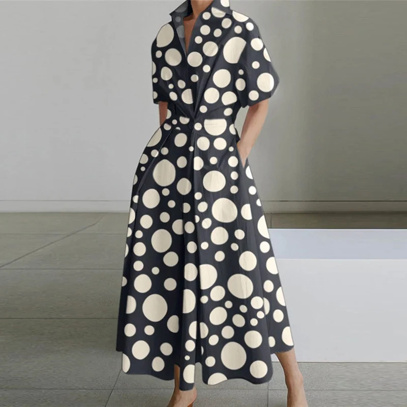 

Женское однобортное платье в горошек, с коротким рукавом и отложным воротником