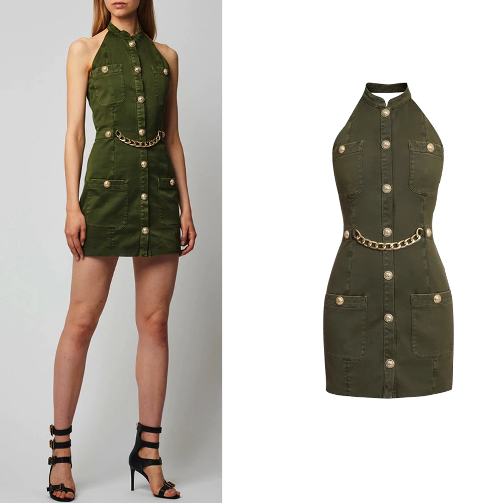 

Новинка весна-осень 2022, модное женское платье из хлопка с воротником-халтером и украшением в виде звеньев цепи