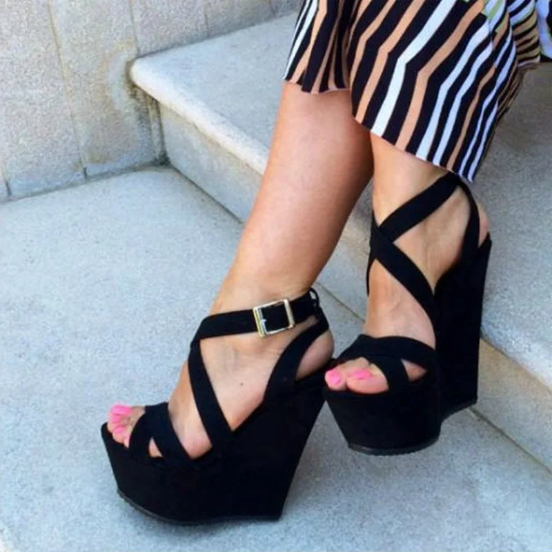 

Hot Selling Black Suede Cross Strap Wedge Sandals Buckle Strap Open Toe High Platform Women Wedge Shoes Cutouts Summer Sandals