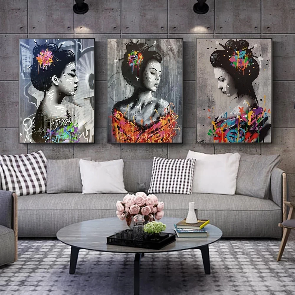 

Japanese Geisha Kimono Woman Graffiti Art Paintings On The Wall Art Posters and Prints Sexy Girl Beauty Street Art Pictures Gift