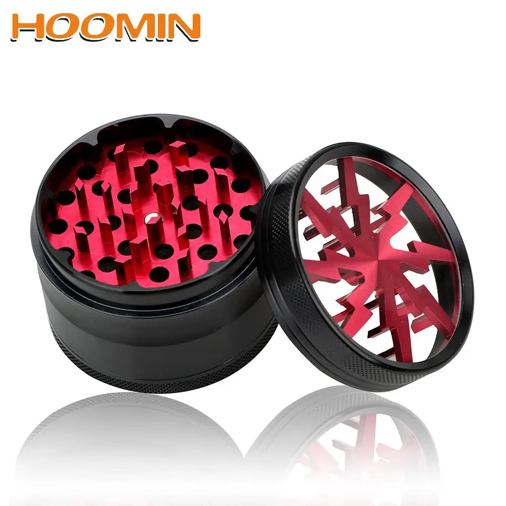 

HOOMIN Aluminum Alloy Transparent 63MM 4-layer Tobacco Grinder Spice Weed Cutter Latest Lightning-Shaped Smoking Herb Cutter