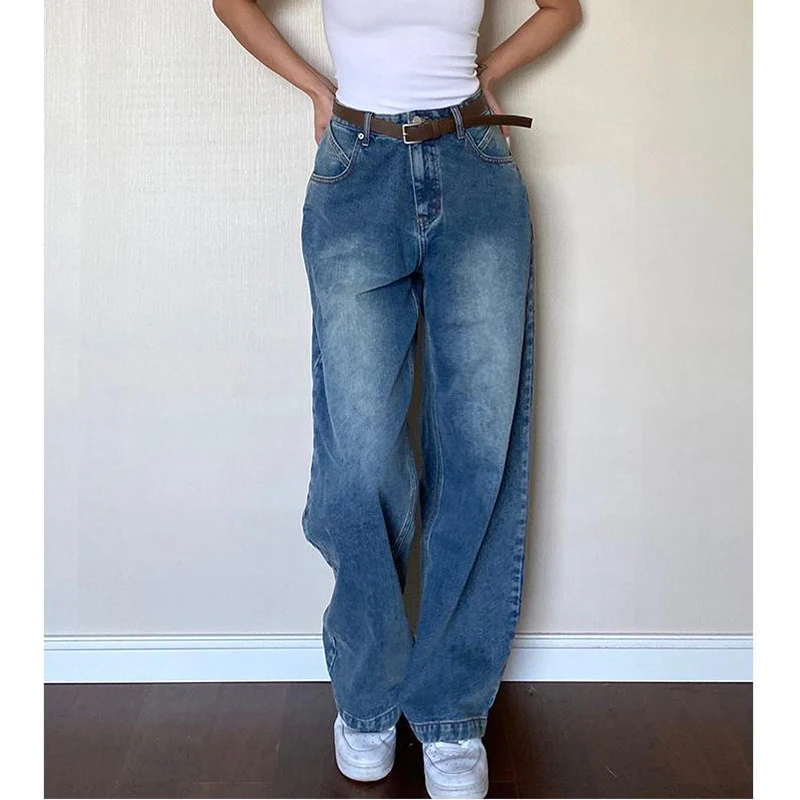 

Washed Blue Womens Jeans High Waist Vintage Straight Baggy Denim Pants American Style Fashion Streetwear Wide Leg Denim Trouser