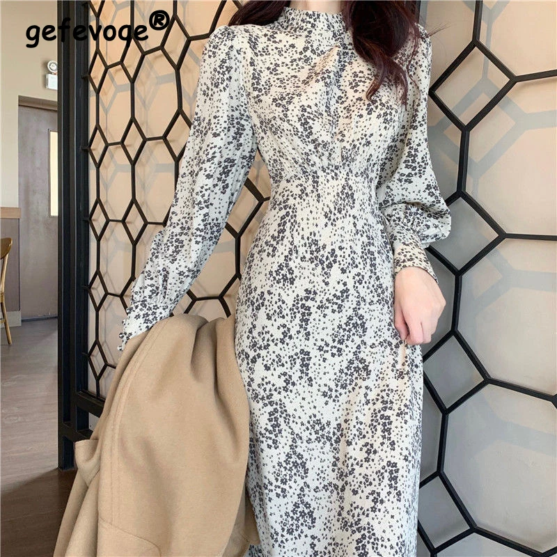 

Korean Dresses Women Long Sleeve Spring Autumn Casual Retro Streetwear Chiffon Elegant Lady Vintage Printed O Neck Midi Dress