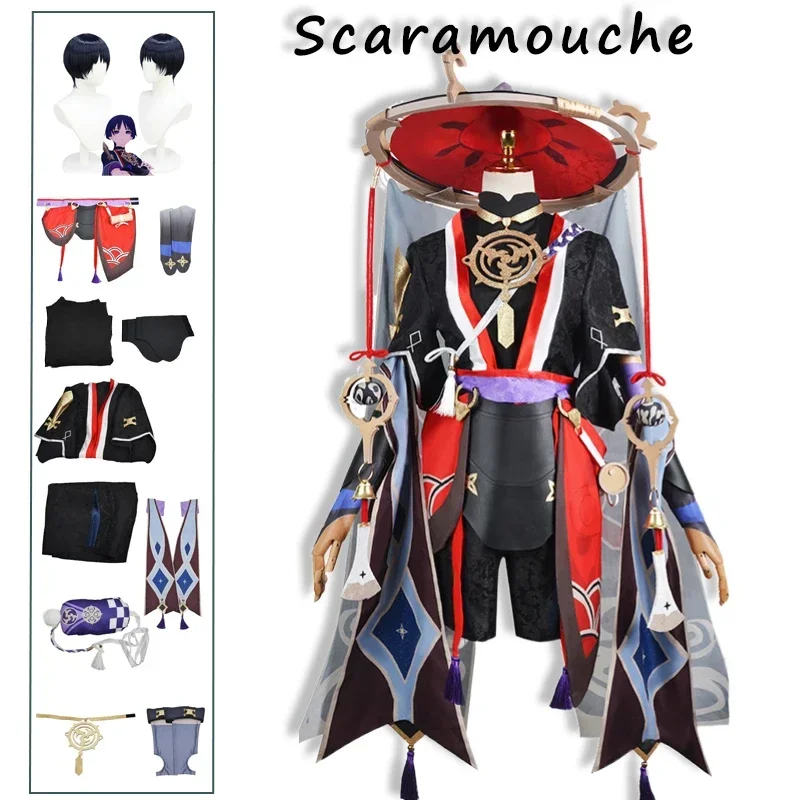 Scaramouche Косплей Genshin Impact Костюм Странник Парик Набор обуви Аниме Хэллоуин