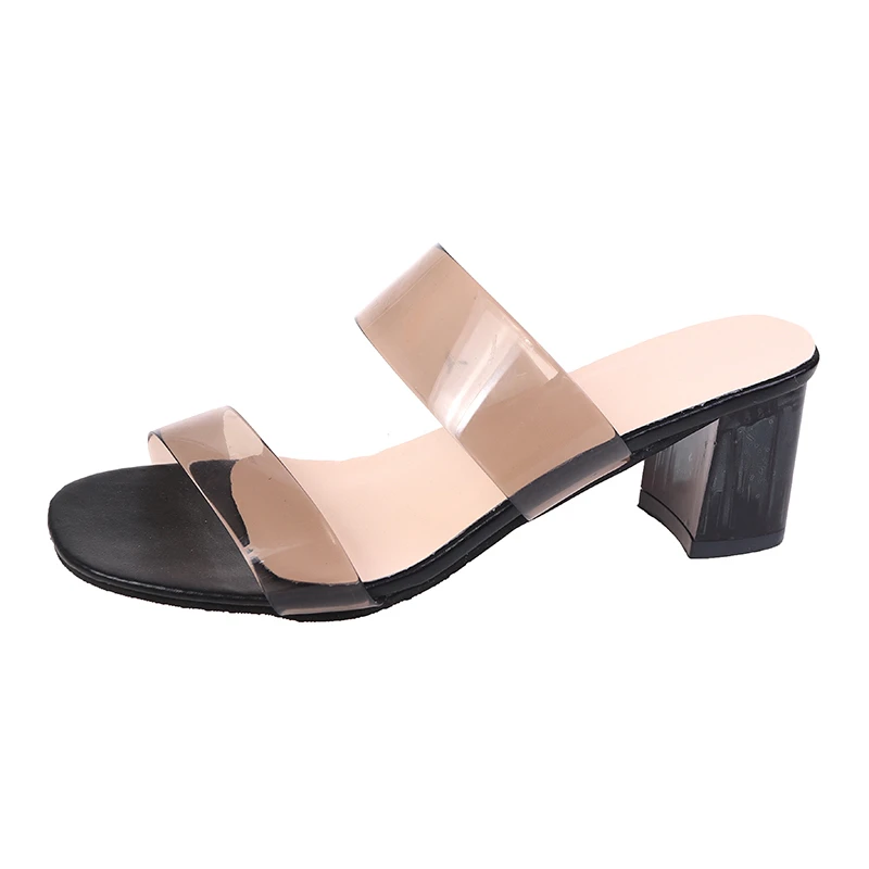 

New Women's Sandals For 2022 Chunky High Heel Solid Color Transparent PVC Fashion Open-toe Ladies Slippers Plus Size 35-43 Shoes