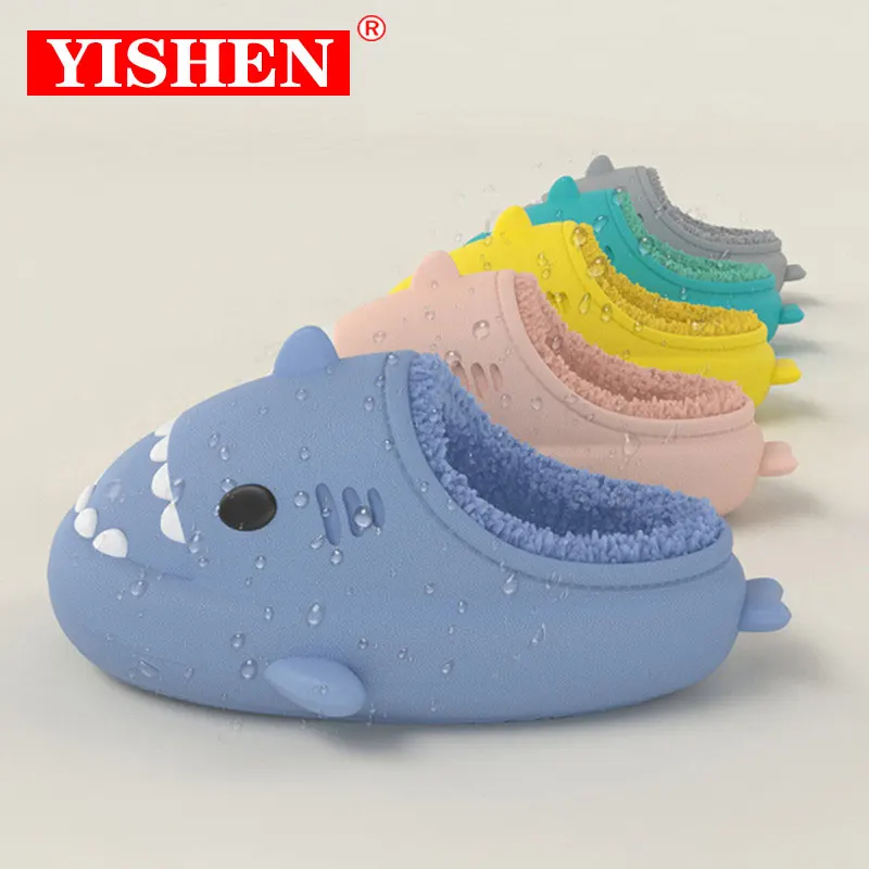 

YISHEN Kids Slippers Warm Winter Shoes Cute Shark Cotton Indoor Babies Toddlers Slipper Waterproof Thick Sole Children's Slipper