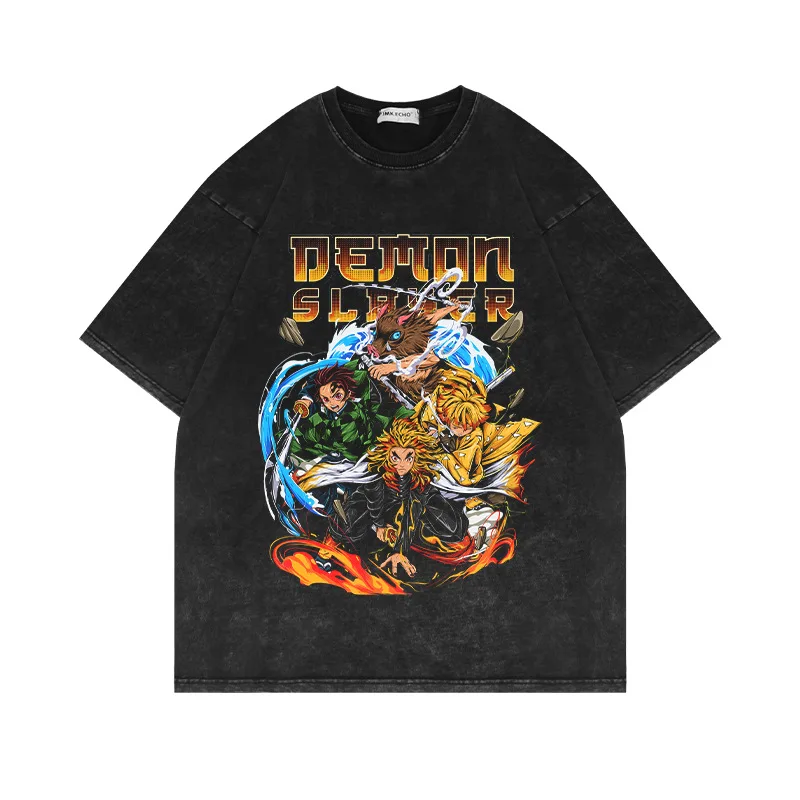

Anime Washed Tshirt Demon Slayer T Shirt Nezuko Tanjirou T-Shirt Oversized 100% Cotton Tshirts Short-Sleeved Summer Black Top