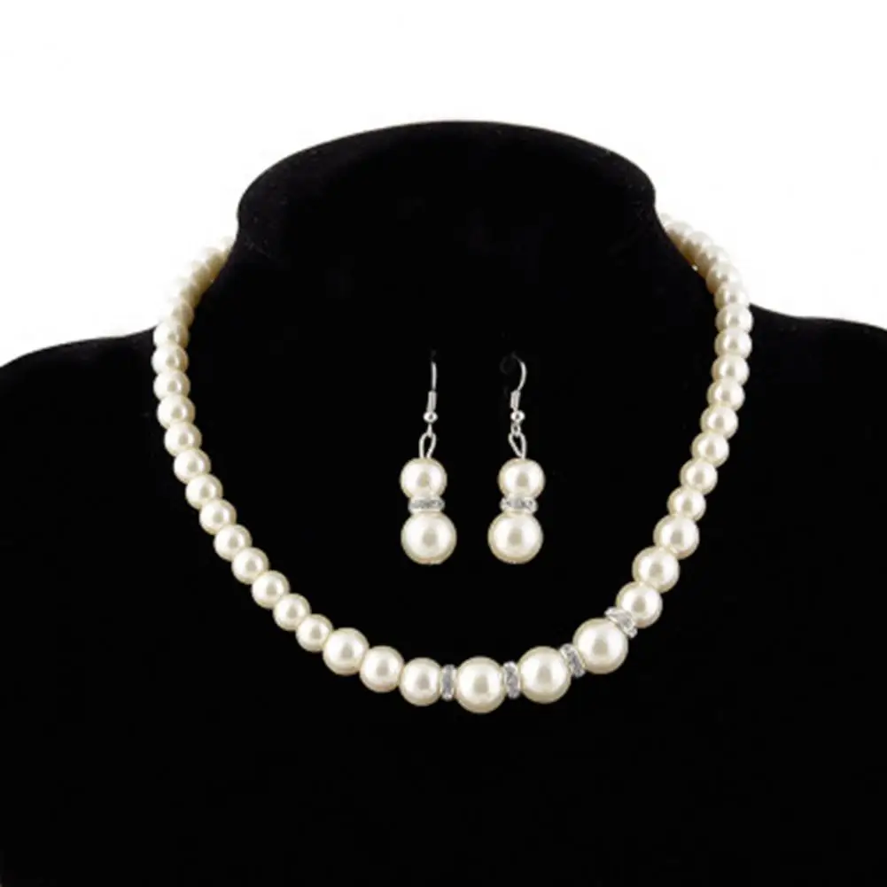 

Dropshipping！Women'S Wedding Jewelry Set Exquisite Inlaid Artistic Faux Pearl Necklace Earring Bracelet for Banquet