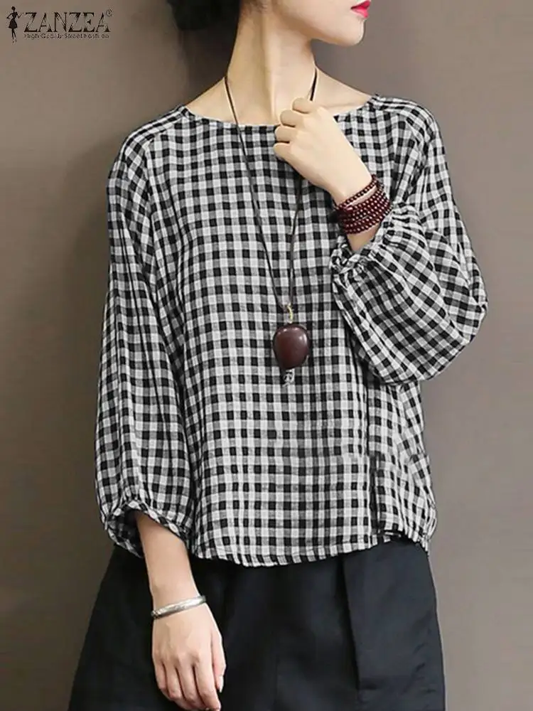 

Women Summer Grid Blouse Women Vintage 3/4 Sleeve O Neck Shirt ZANZEA Bohemian Plaid Blusas Loose Checked Print Tunic Tops Mujer