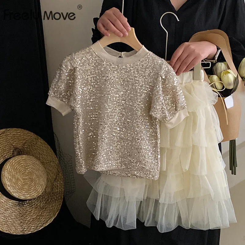 

Summer Children's Clothing Sets Suit for Girls Short Sleeve Sequined Top+tulle Cake Skirts 2pcs Kids OutfitsCostume