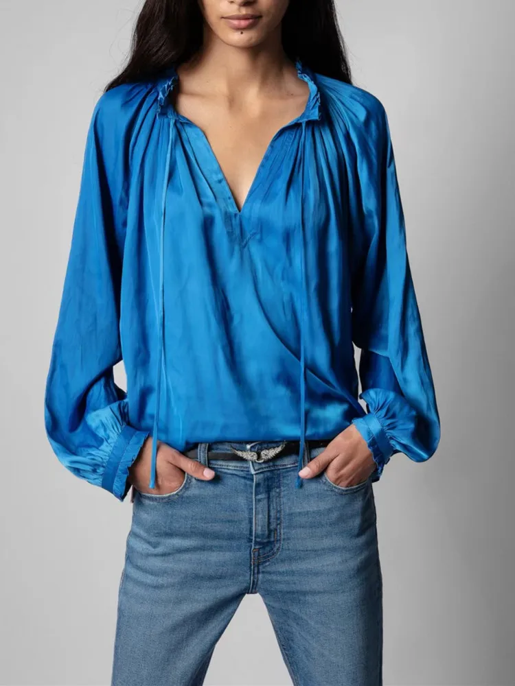 

Women Long Sleeve Shirt V-neck with Lace-up Polyester 2022 Summer Blouse