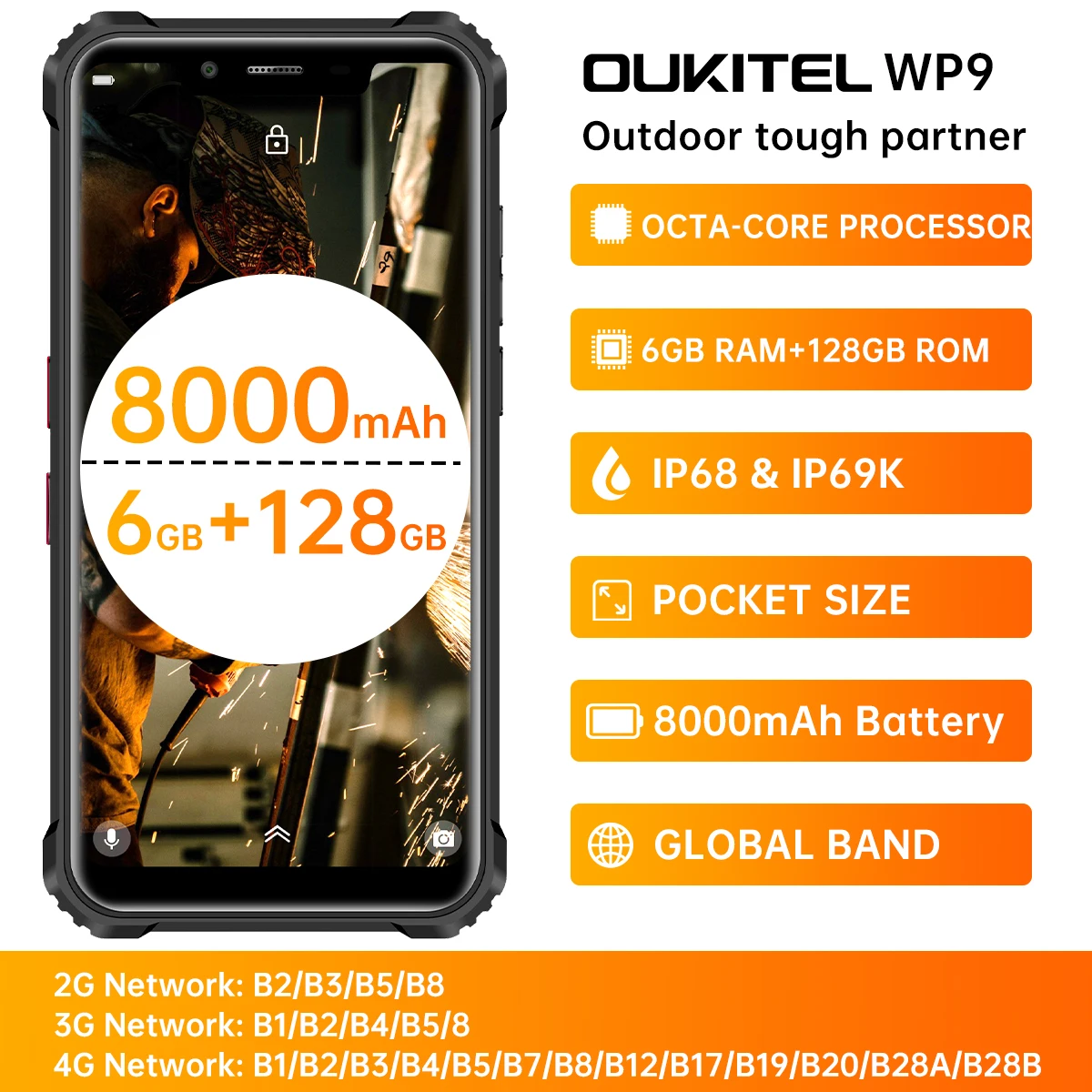 OUKITEL WP9 IP68 Waterproof Smartphone 8000mAh Face/Fingerprint ID 5.86 Inches 6GB 128GB Mobile Phone