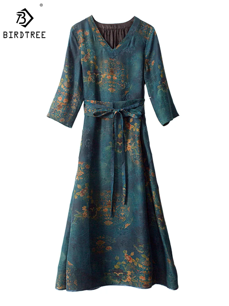 

Birdtree 100%Nature Silk Women's Dresses Retro Fregrance Cloud Design Embroidery V-Neck Short Sleeve Dress Summer D37530QM