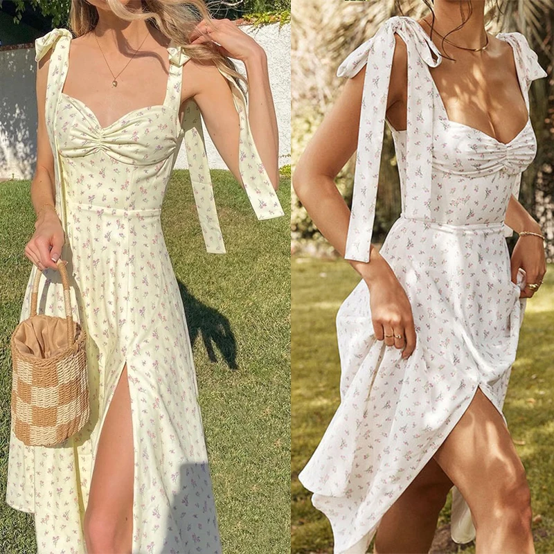 

Summer Spring Floral Dress Women's Sexy Casual Fashion Sundress Midi Slip Backless Pleated Slit White Yellow Lace-up Flowers