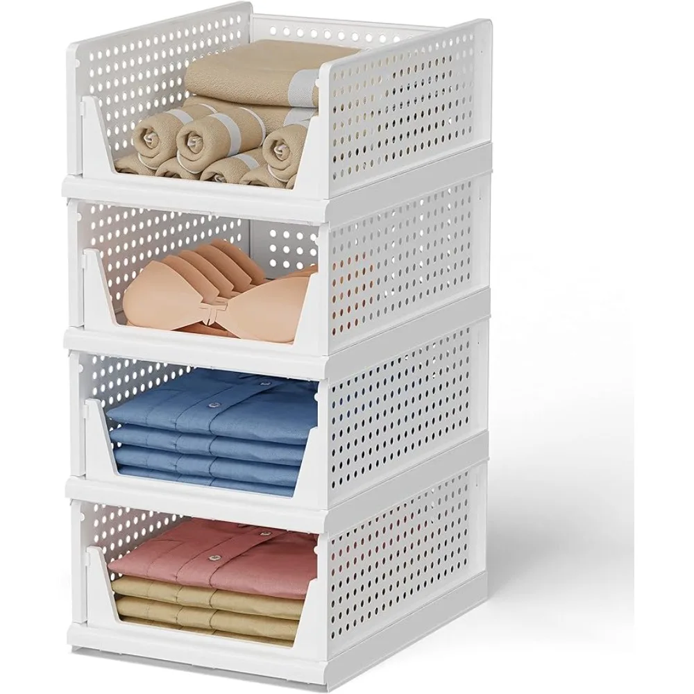

MVSRWLL Stackable Plastic Storage Basket Bin Shelf Box Closet Wardrobe Organizer4 Pack Foldable Clothes Drawer Storage Container