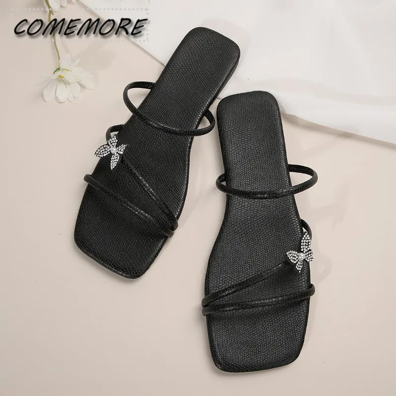 Шлепанцы женские на низком каблуке повседневные сандалии с бантом и кристаллами