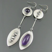 boho vintage long pendientes purple stone dangle earrings for women handmade antique silver color asymmetric leaf drop earring