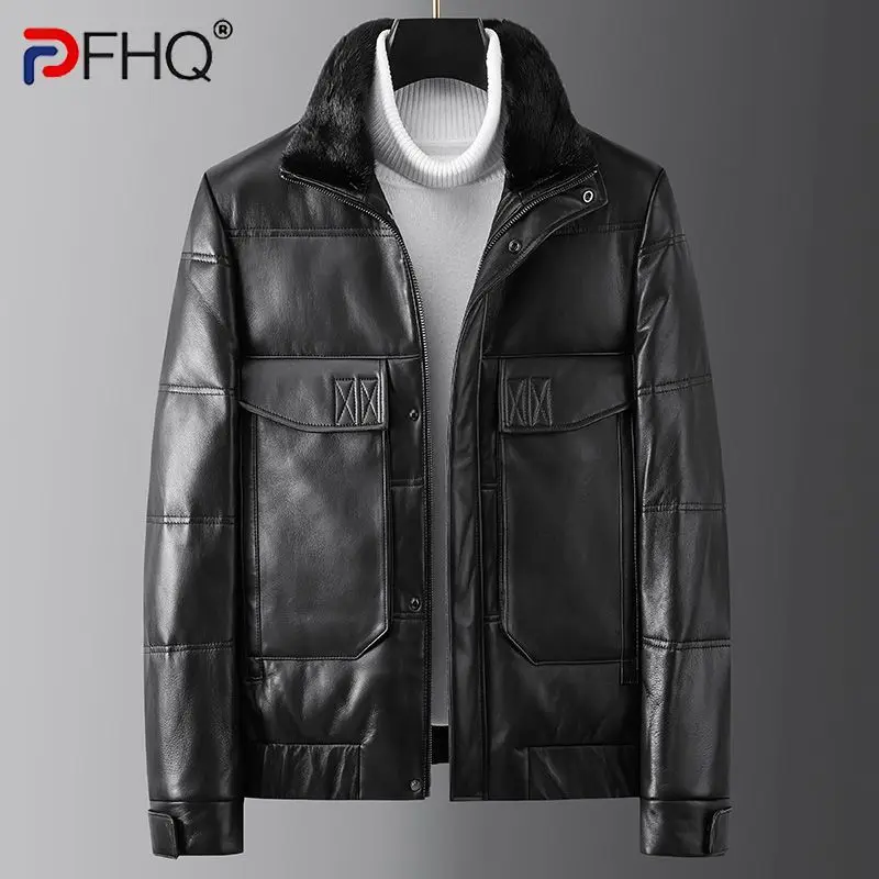

PFHQ Winter 2022 Men's Elegant Casual Down Leather Jackets Stylish Mink Fur Stand Collar Thicken Many Pocket Luxury Coat 21Q5244