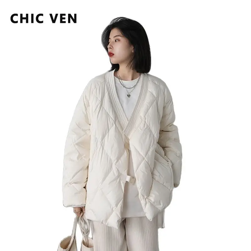 CHIC VEN Winter Women Down Jacket 90 White Duck Down Inclined Placket Loose Light Diamond Warm Coat  Female Outwear Office Lady