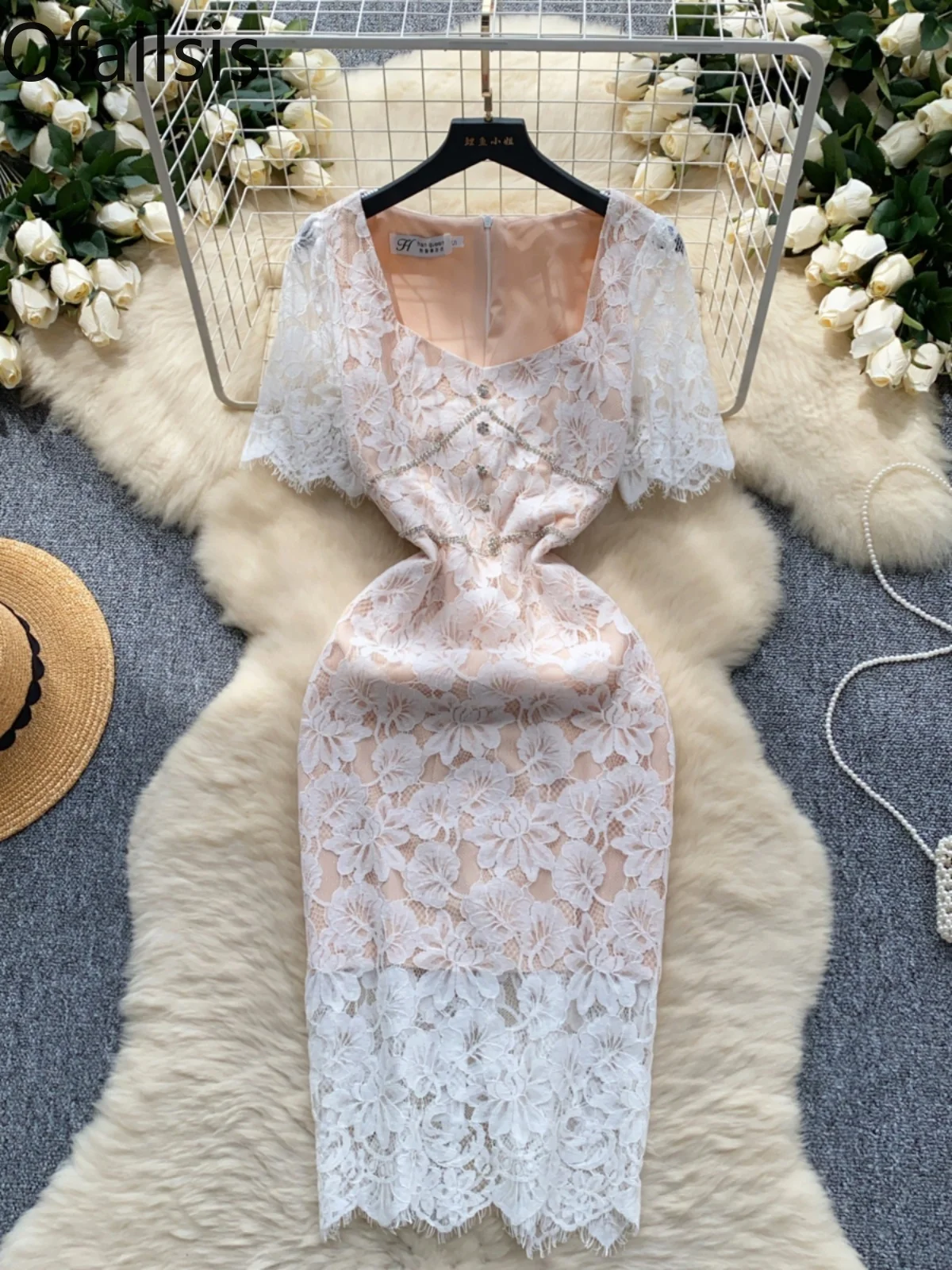 s Ofallsis Sukienka w stylu francuskim z kwadratowym dekoltem Damska 2024 Summer New Vintage Diamonds Krótki rękaw Koronkowe sukienki haczykiem