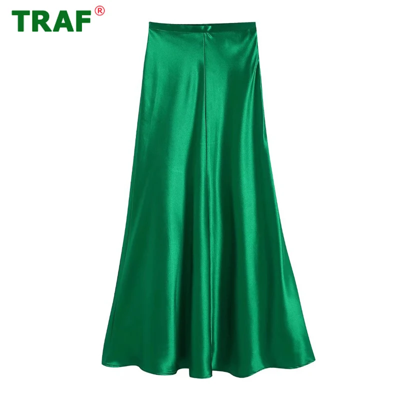 

TRAF Green Satin Skirt Women High Waist Midi Skirts Womens 2022 Summer Elegant Party Long Skirt Woman Fashion Streetwear Skirt