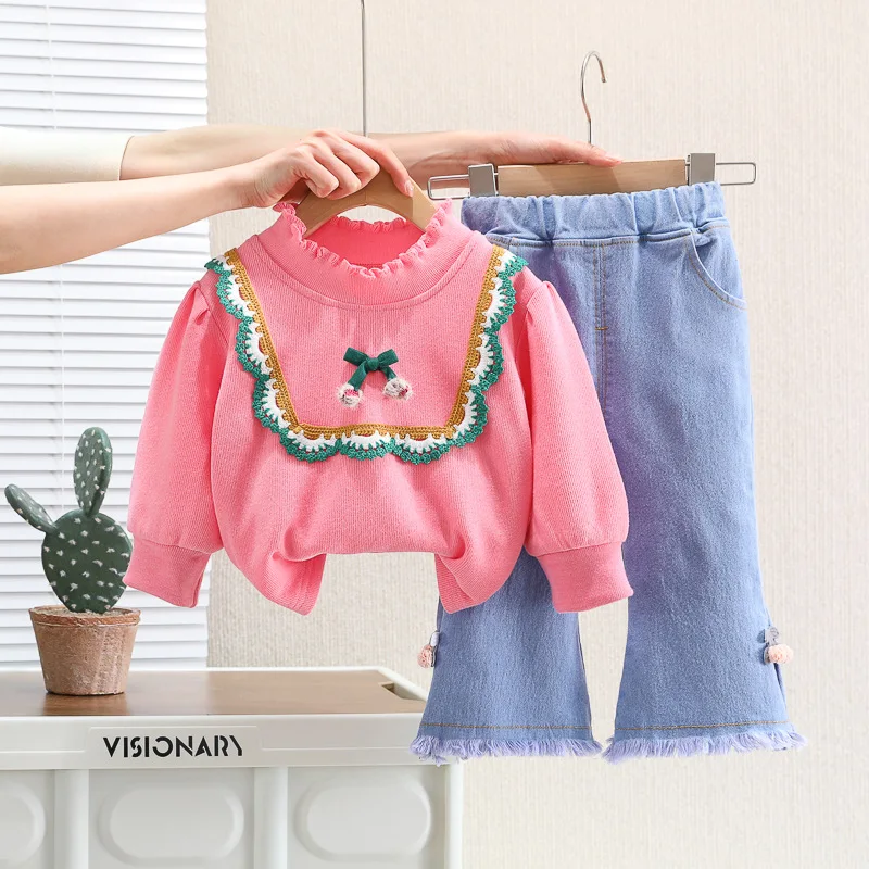 

Girl Baby Spring suit 2023 new children's lace Long Sleeves Two piece suit Kids clothes jeans Pants Outfits