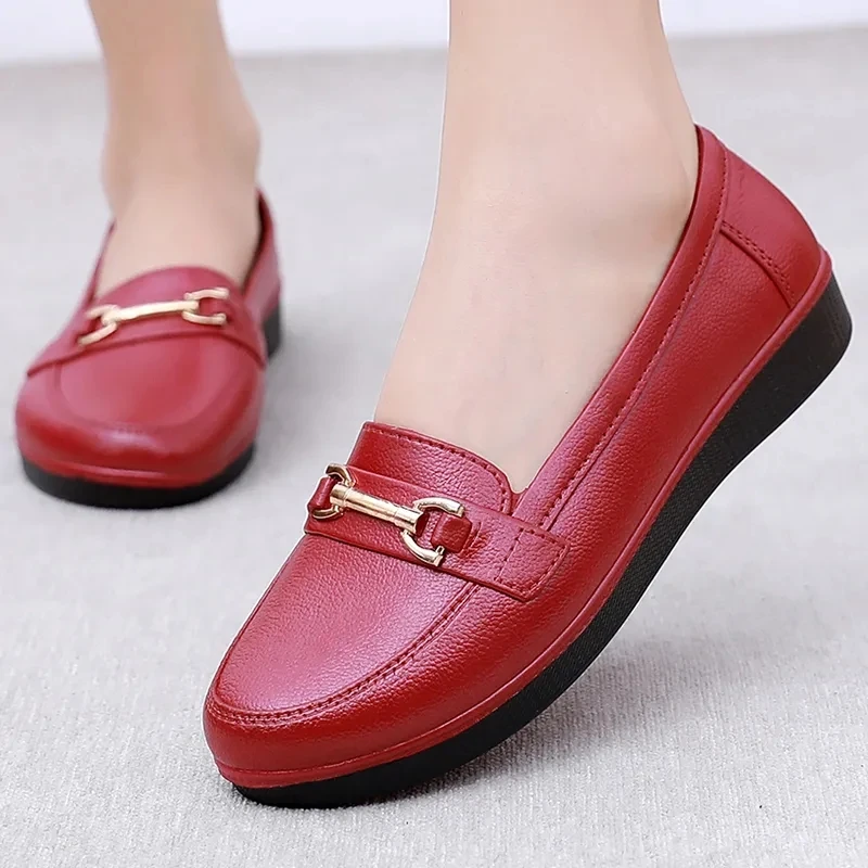 

Summer Women Leather Rain Shoes Loafers Round Toe Light Female Casual Flats Non-slip Working Mother Retro Shoes zapatos de mujer