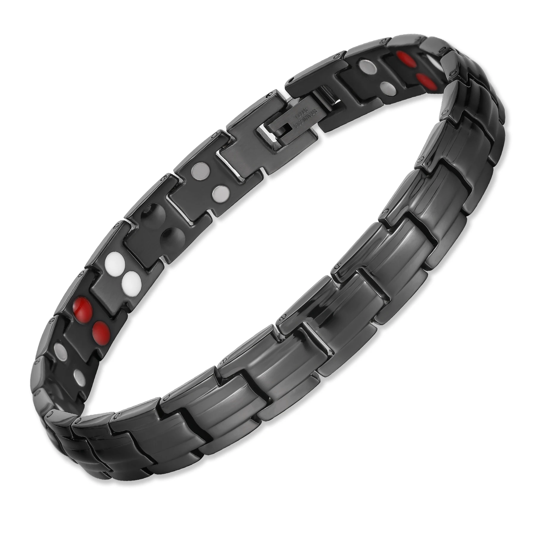 

Ladies Magnetic Bracelet Pain Relieving Stainless Steel Double Row Stone Black Bracelet with Adjustable Links