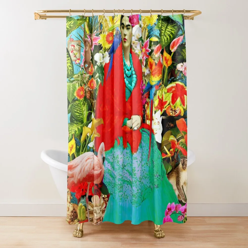 

Bathroom Decor Boho Decoration Home Frida Kahlo with Mexican Painter Animals Plants Birds Shower Curtain