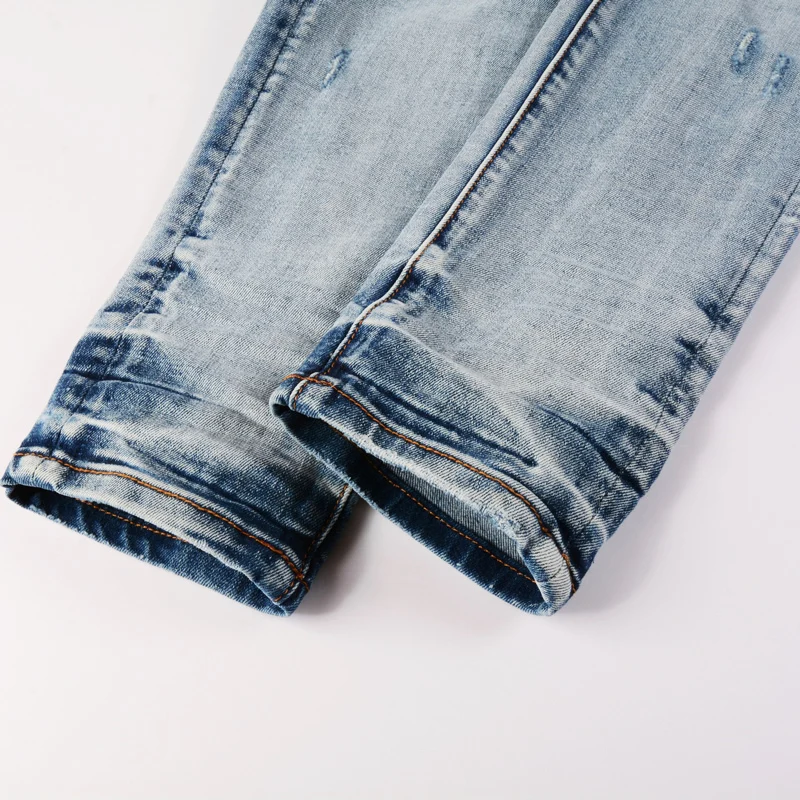 High Street Fashion Men Jeans Retro Light Blue Stretch Skinny Fit Ripped Jeans Men Leather Patched Designer Hip Hop Brand Pants