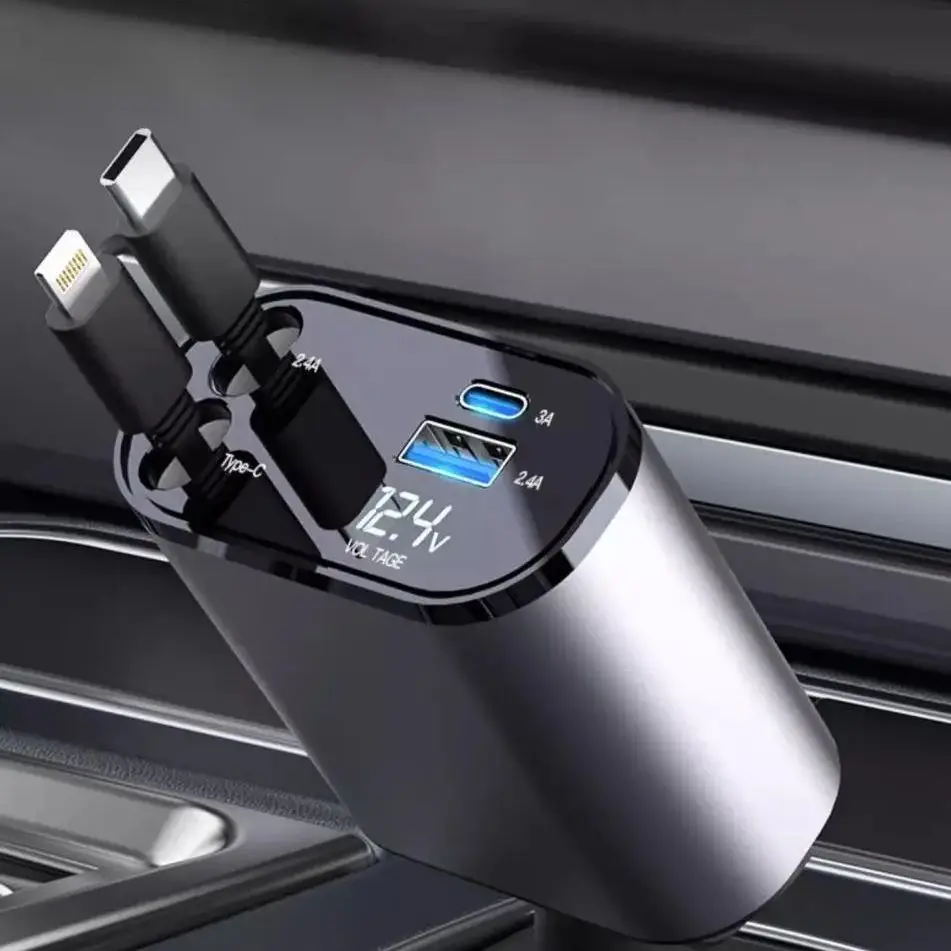 Автомобильное зарядное устройство 4 в 1, 100 Вт, выдвижной кабель USB Type-C, шнур для быстрой зарядки, прикуриватель для iPhone/Xiaomi/Samsung