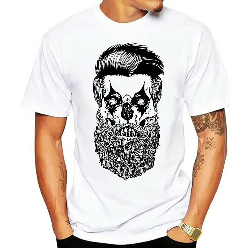 

Bearded Clown Skull T-Shirt Mens Beard Halloween Hipster Skeleton White Loose Size Top Tee Shirt
