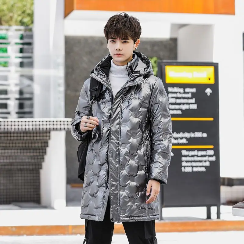 Winter authentic long down jacket bright face men's long winter white eiderdown down jacket Korean version, thickened warm hoode