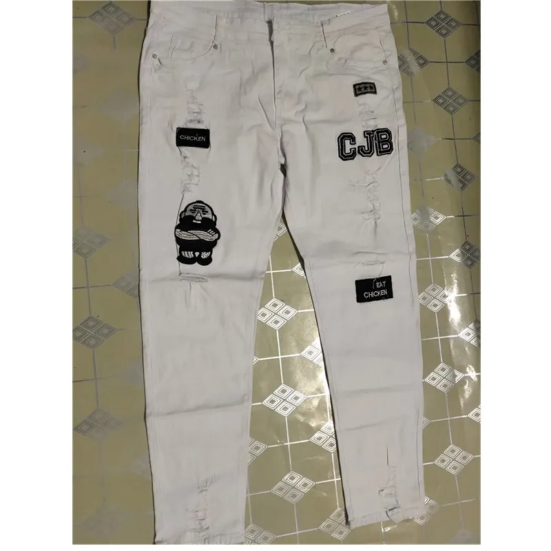 White Blue Black Jeans men's Stretchy Ripped Skinny Biker Embroidery Print Jeans Destroyed Hole Slim Fit High Quality Jean