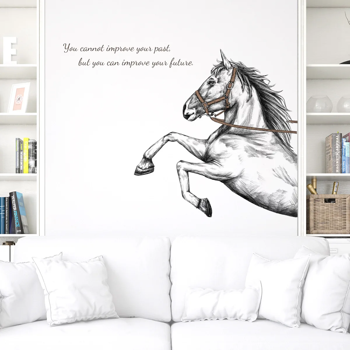 

Sketch Horse Wall Stickers Poster Black and White English Slogan Living Room Room Decor Self adhesive Home Decoration Mural