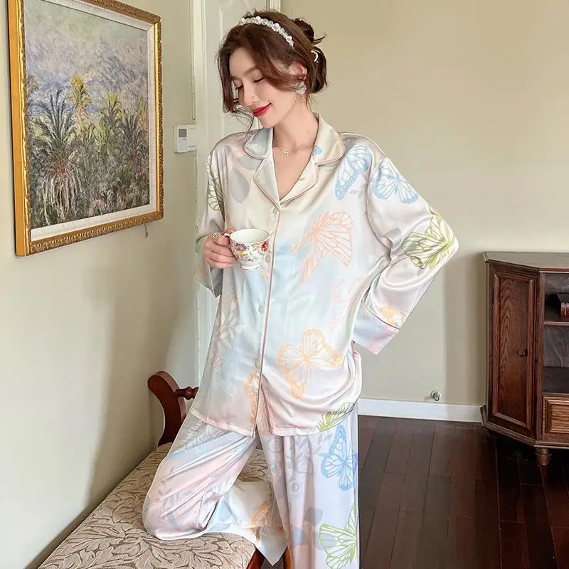New pajamas women's long-sleeved trousers personalized printing silk wholesale pajamas for women