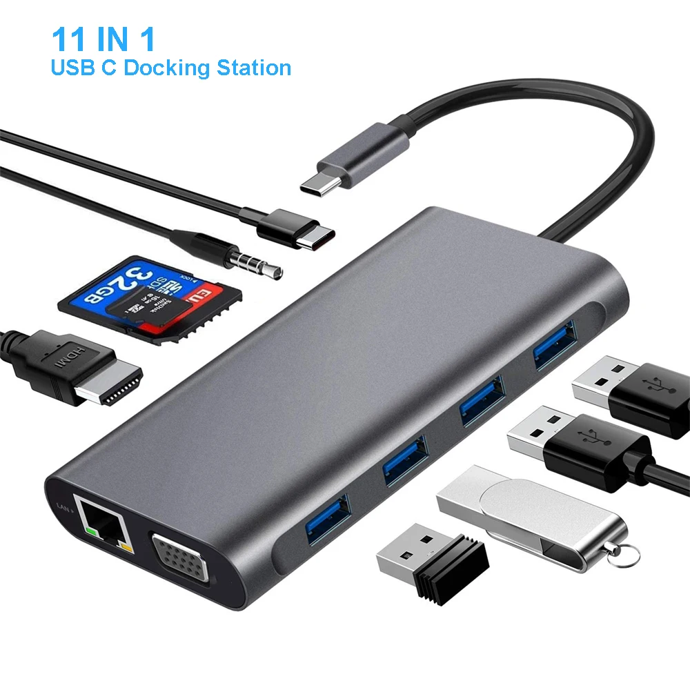 

11/12 in 1 USB HUB Type C Adapter to 4K HDMI-Compatible VGA RJ45 Lan Ethernet SD/TF 87W PD Docking Station PC Laptop Splitter