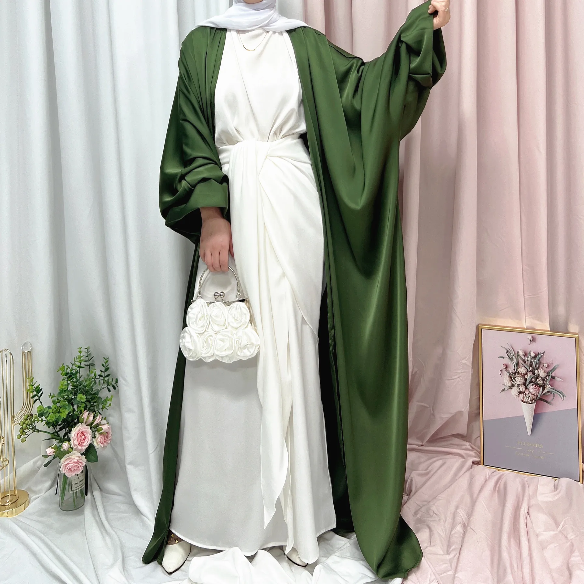 

Muslim Women Open Abaya Luxury Robe Puff Sleeve Ramadan Dress Kimono Clothes Turkey Iran Dubai Ramadan Islamic Turkish Girl Wear