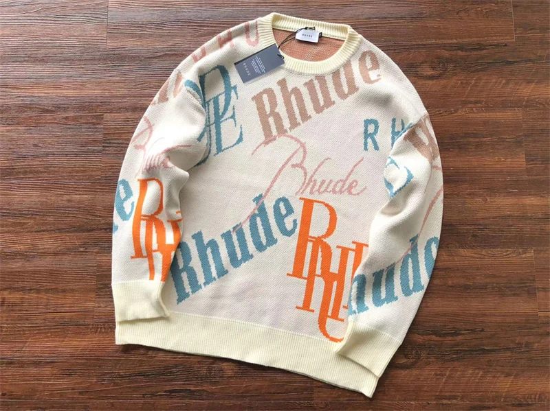 

New Rhude Logo Knit Jacquard Sweater Men Women Sweatshirts y2k
