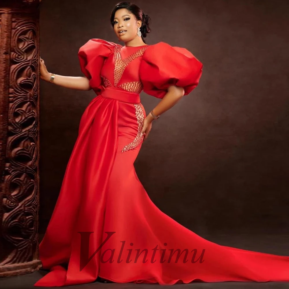 

Plus Size Red Aso Ebi Pearls Prom Dresses Custom Made Mermaid Shape Puffy Sleeves With Train Women Evening Gowns Robes De Soirée