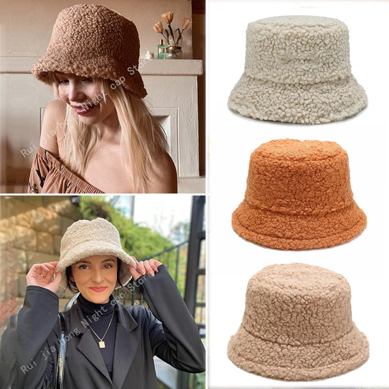 

Fashion Lamb Faux Fur Bucket Hat for Women Winter Warm Velvet Hats Lady Thicken Bob Panama Outdoor Fisherman Hats Caps Girls