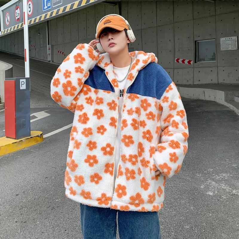 Winter Jacket Men Warm Fashion Casual Thickened Lamb Wool Jacket Men Streetwear Loose Short Coat Mens Thick Flowers Jackets Coat