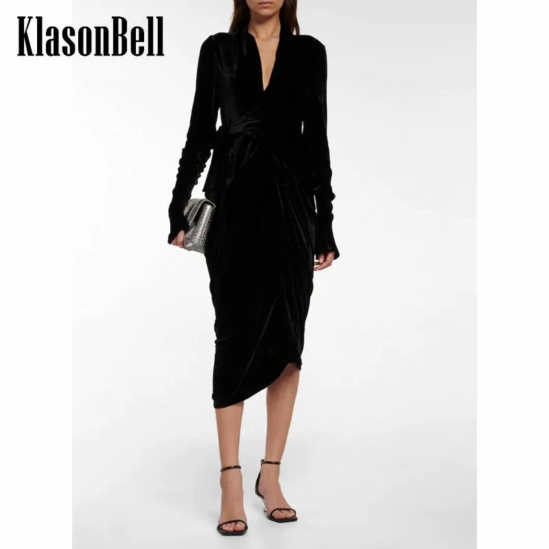 

8.18 KlasonBell Fashion Cuff Zipper V-Neck Lace-Up Slim Split Velvet Dress Women