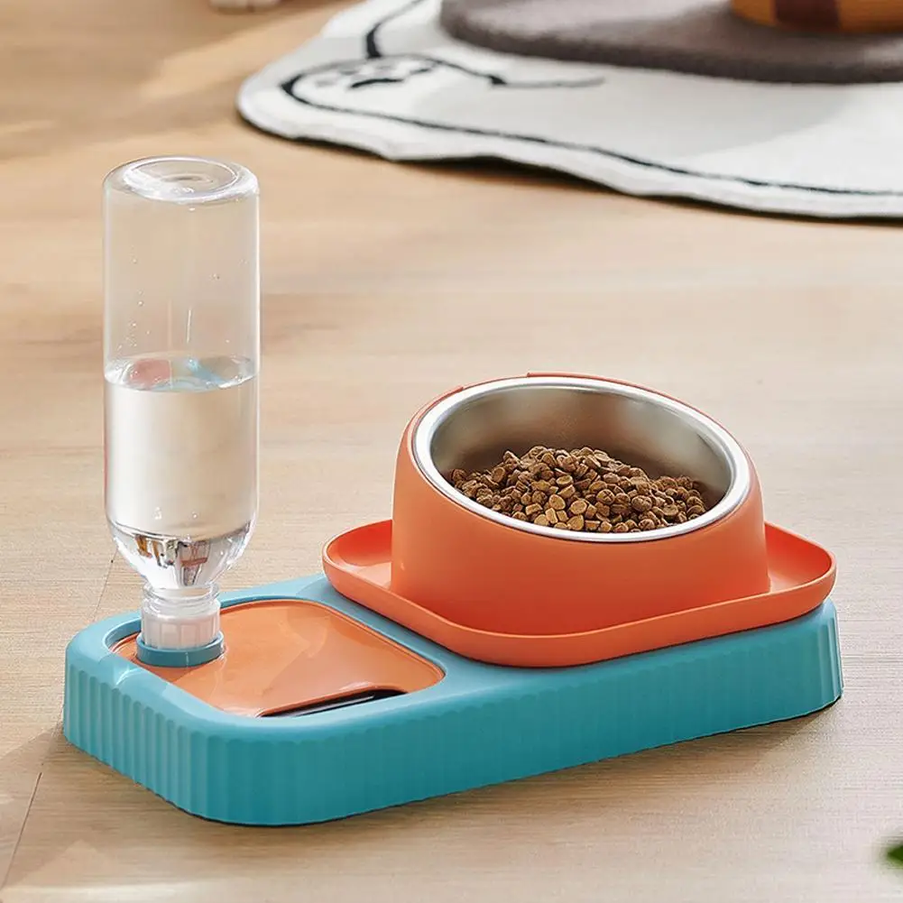 

Pet Double Bowl Set Anti-overturning 15 Degree Tilted Stainless Steel Automatic Water Dispenser Bottle Pet Supplies dropshipping