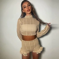 striped mesh ruffles short 2 piece sets long sleeve crop top sexy casual biker short pant elegant party outfit 2022 fall clothes