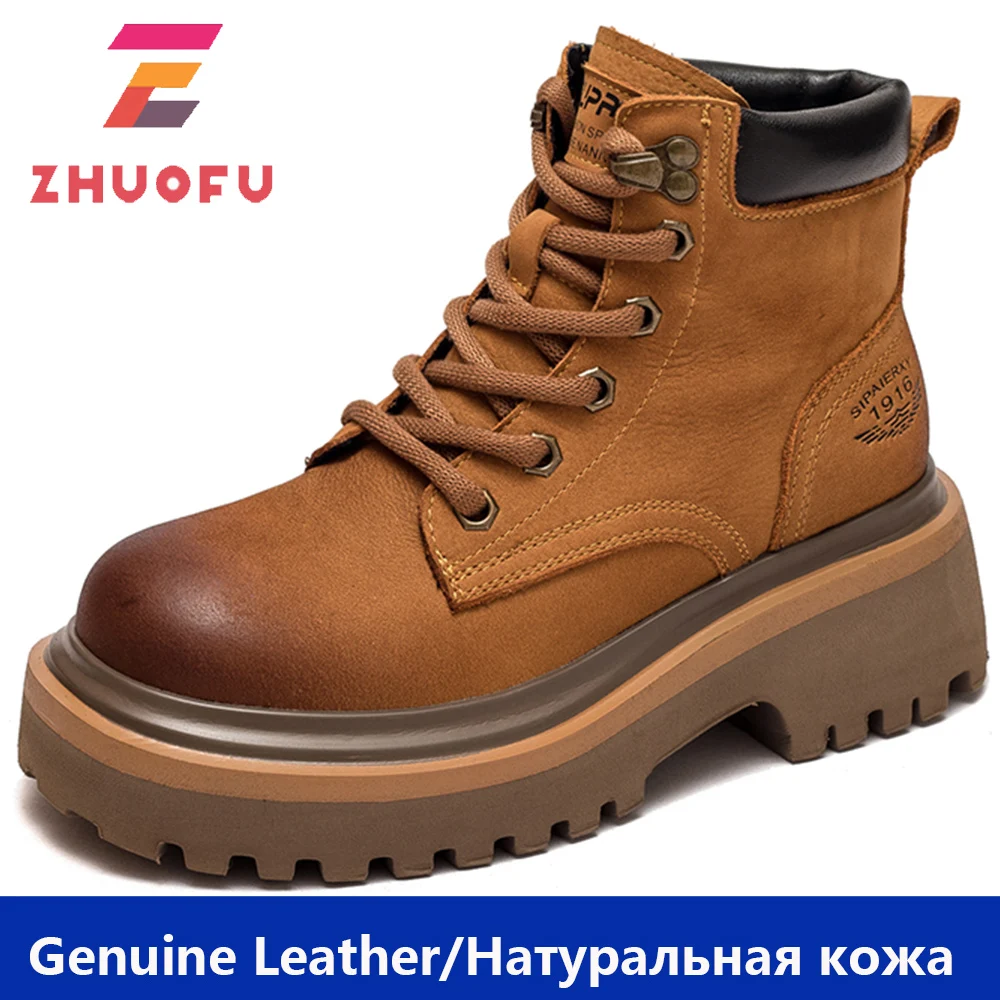 

ZHUOFU 2023 коровья кожа удобные женские ботинки на шнуровке осень британский стиль модные повседневные короткие ботинки на платформе ботинки м...